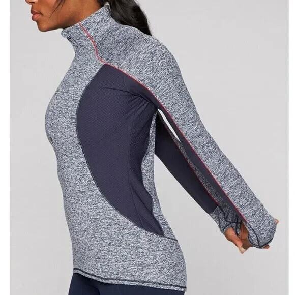 Athleta Running Wild Pullover Womens M Heather Navy Colorblock Half Zip Logo - Picture 1 of 12